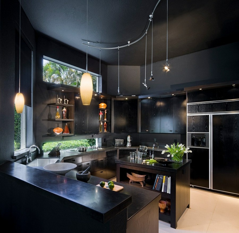 cuisine moderne intérieur noir design luminaire suspendu 
