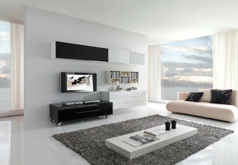 tapis gris design table basse blanche canapé rose clair meuble noir télé