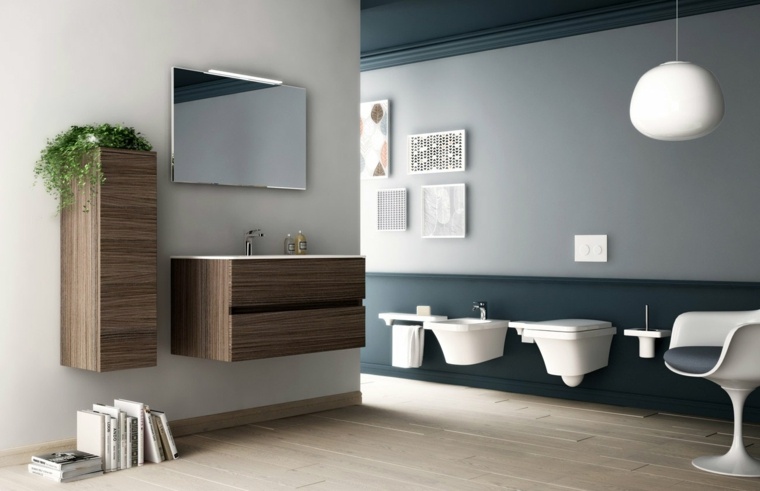 toilette idée déco miroir mural meuble en bois plante composition de cadre 