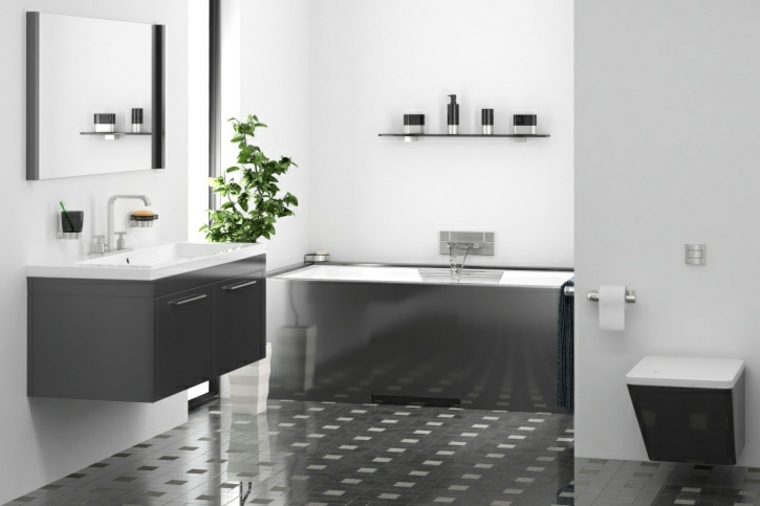 intérieur moderne salle de bain blanc gris plante carrelage