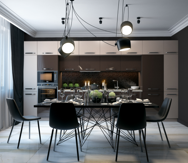 salles à manger modernes idée aménagement table en bois chaise noire projecteur lampe