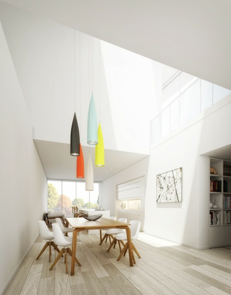 intérieur moderne idée aménagement luminaire suspendu table en bois chaise tableau déco mural