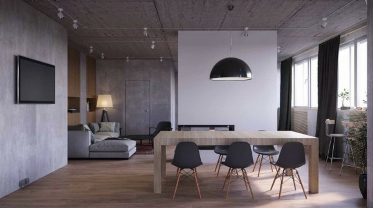 intérieur moderne luminaire suspendu noir télévision table en bois
