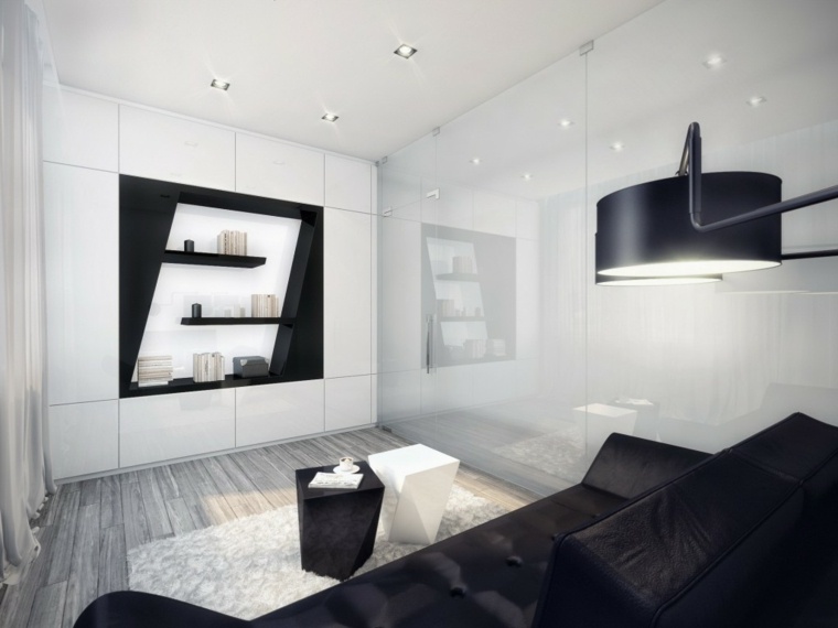 Déco intérieur moderne design étagères noires lampe canapé noir tapis de sol blanc 