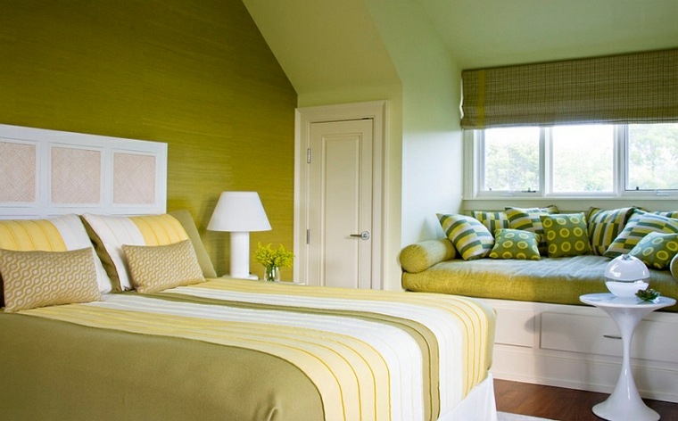 aménagement chambre couleur idée kaki intérieur moderne  jaune blanc draps tabouret design amy lau design