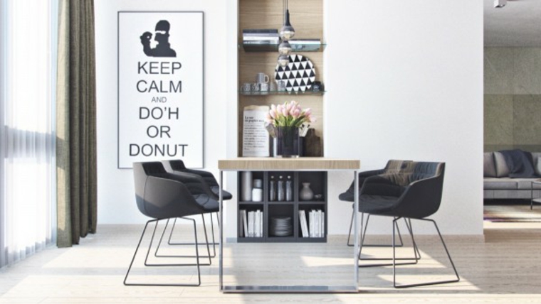 salle à manger moderne design idée table à manger chaise fauteuil noir déco affiche fleurs