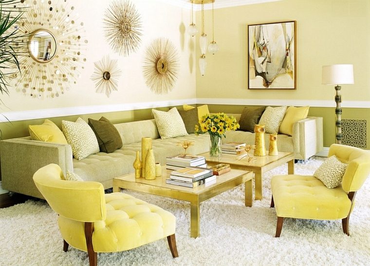 couleur tendance idée fauteuil jaune table basse salon design déco mur peinture 