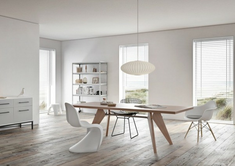 design minimaliste idée salle à manger luminaire suspendu blanc design parquet en bois chaise blanche étagères