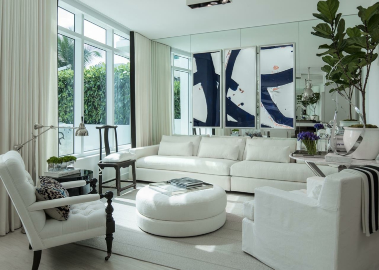 décoration maison contemporaine salon moderne style minimaliste pouf blanche design déco tableau plantes