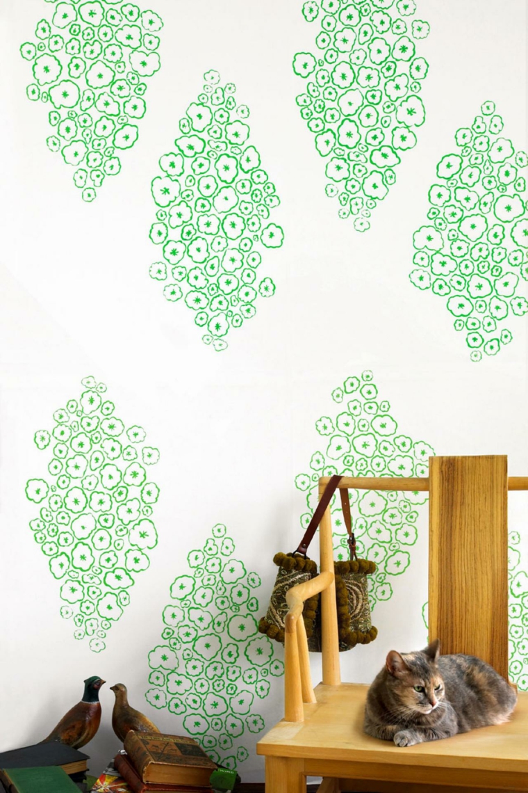 papier peint blanc vert design banc en bois déco oiseaux 