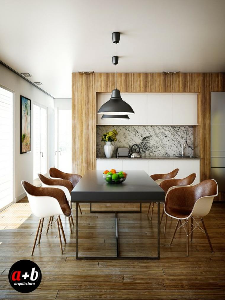 idée salle à manger contemporaine design table noire fauteuil marron luminaire suspendu