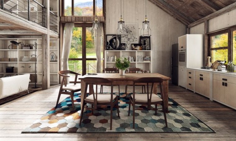 salle à manger moderne tapis de sol t able en  bois chaise 