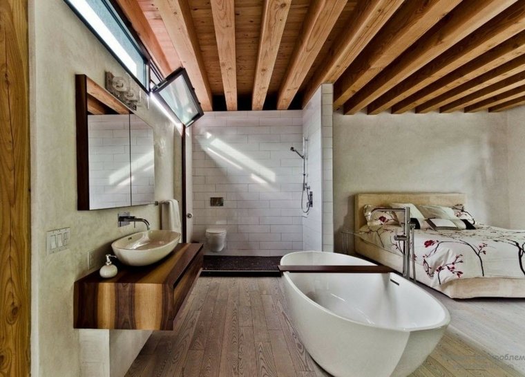 suite parentale idée baignoire cabine de douche lit aménagement chambre moderne
