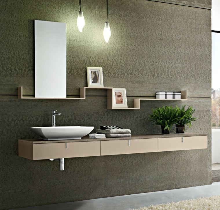 wc salle de bain idée luminaire suspendu design moderne plante pot de fleurs déco cadre étagère miroir 