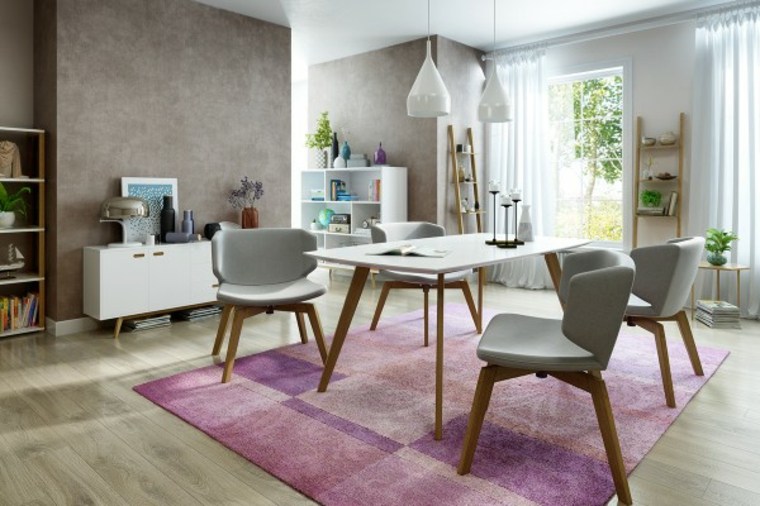 salles à manger aménagement intérieur contemporain tapis violet chaise blanche