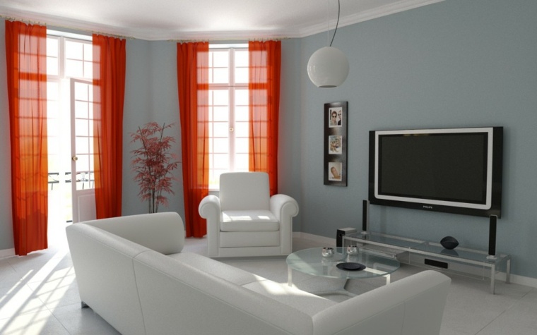 aménager salon moderne gris idée mur peinture bleu clair gris design canapé cuir blanc