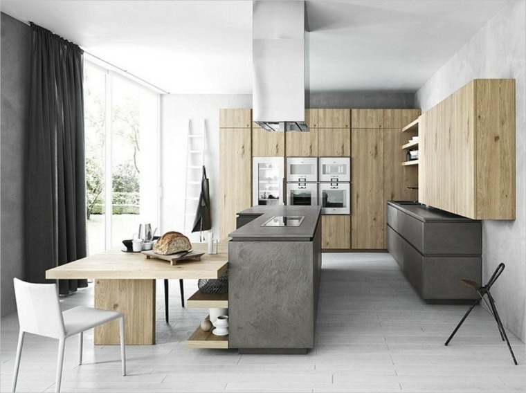 idée cuisine avec îlot cuisine bois scandinave minimaliste design ilot central hotte aspirante