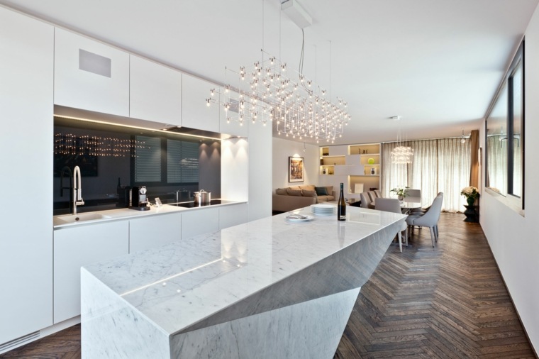 cuisine design îlot central marbre éclairage original moderne mobilier