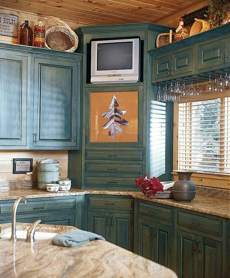 cuisine vintage idée meuble bois bleu design gain de place 