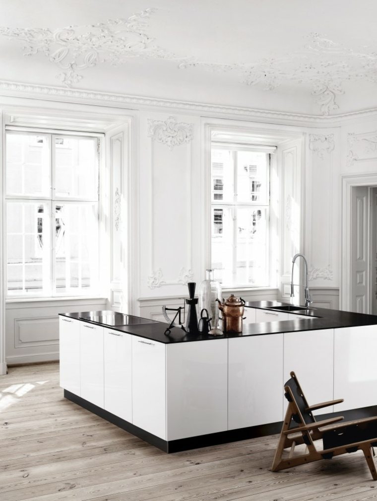 cuisine style minimaliste design ilot central noir et blanc