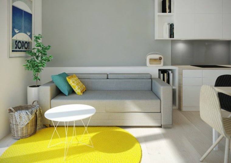 décoration appartement moderne tapis de sol jaune table blanche pot de fleurs 