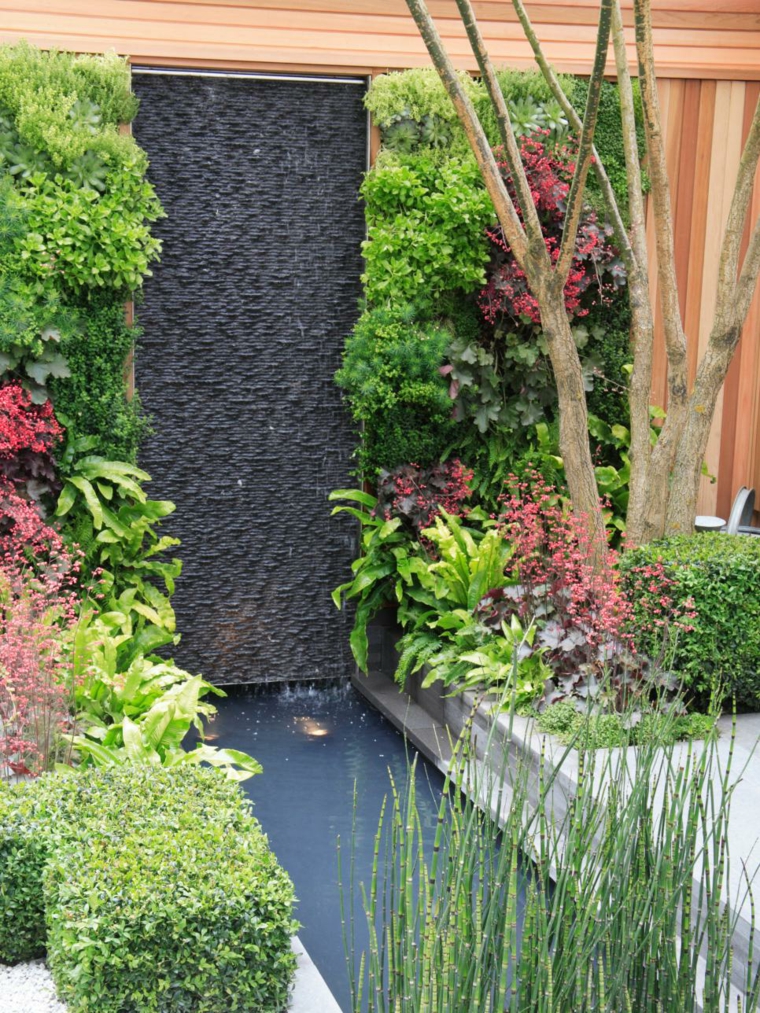 jardin extérieur vertical idée plante bassin d'eau 