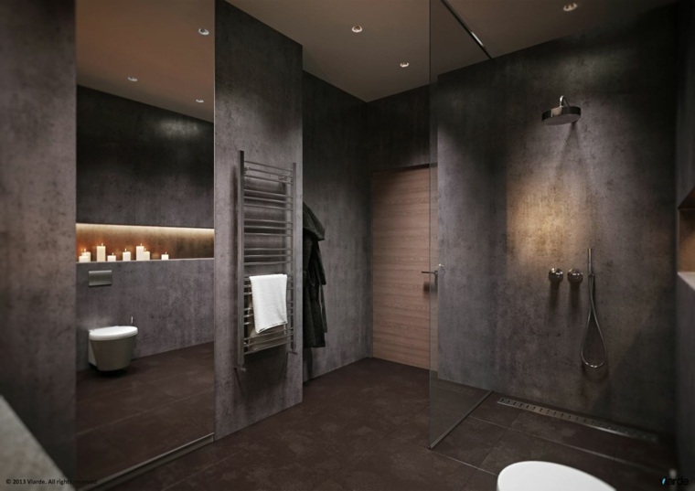 intérieur design salle de bain grise cabine de douche italienne bougie