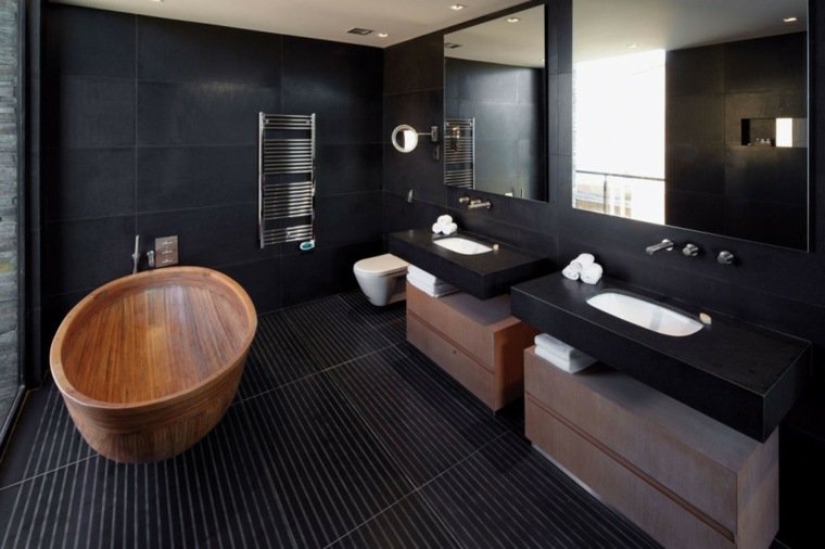 salle de bain noire baingoire bois design meuble bois suspendu