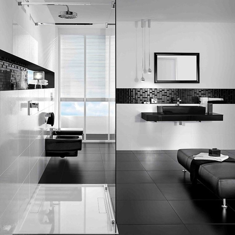 salle de bain design noire blanche moderne miroir luminaires suspension