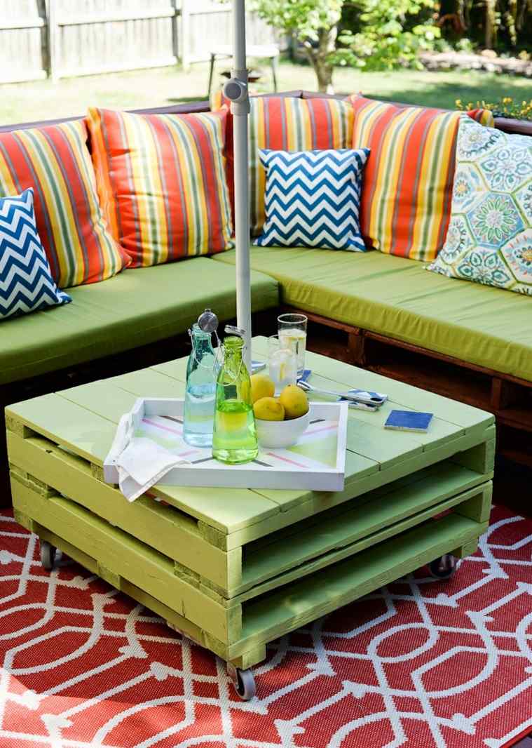 meuble en palette table basse à roulettes verte design canapé