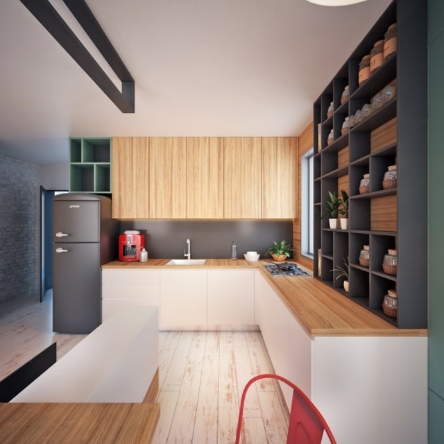 cuisine en bois petit appartement idée frigo design parquet sol