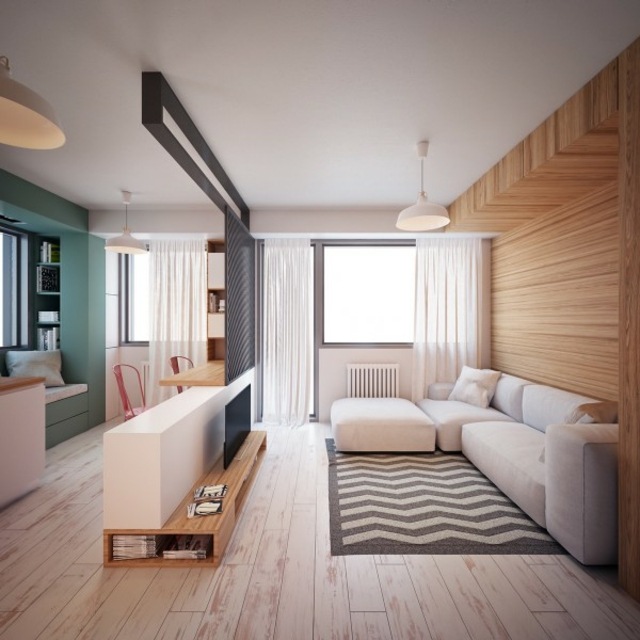 aménager un petit appartement idée aménagement déco canapé d'angle blanc luminaire suspension