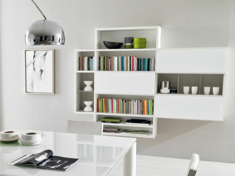 meuble de rangement design bibliothèque luminaire table blanche verre