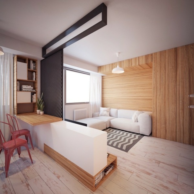 déco petit appartement idée canapé blanc coussins tapis de sol design bois idée 
