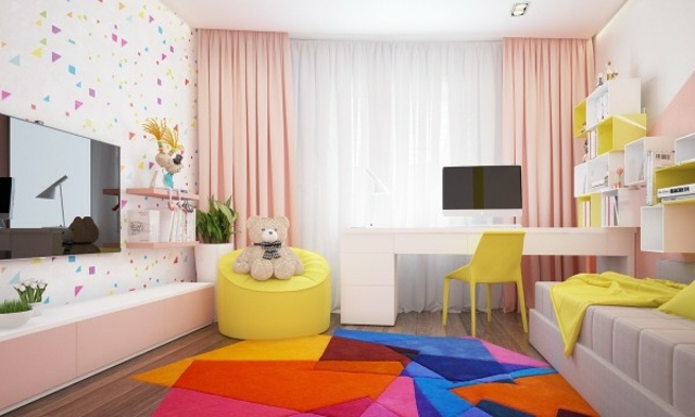 chambre enfant déco idée design pouf jaune moderne tapis de sol chaise jaune bureau 