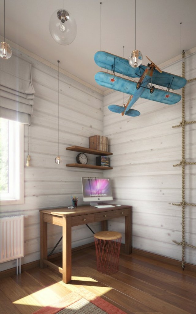 chambre enfant design déco plafond mur suspension déco bureau en bois mur blanc 
