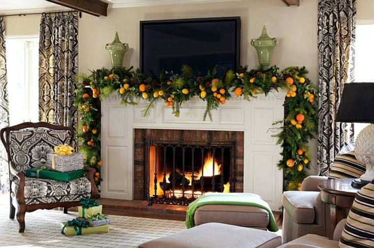 décorer cheminée noël guirlande orange originale tapis de sol rideaux 