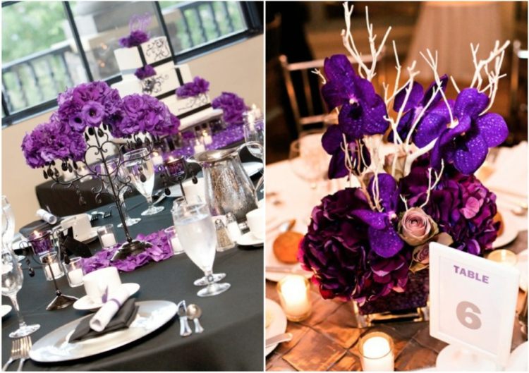 décoration automne mariage tables fleurs violettes