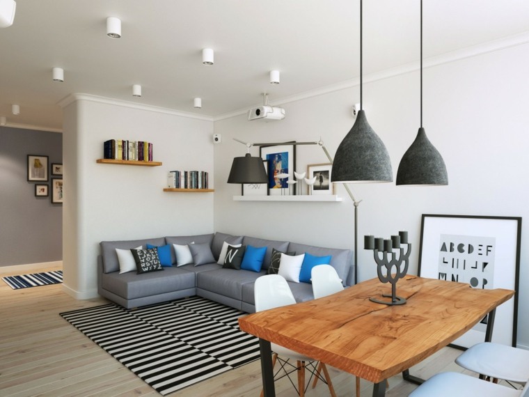 intérieur appartement design style scandinave canapé d'angle gris coussins luminaire suspendu 