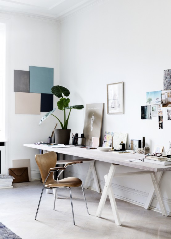 design moderne intérieur minimaliste scandinave bureau blanc bois plante cadre