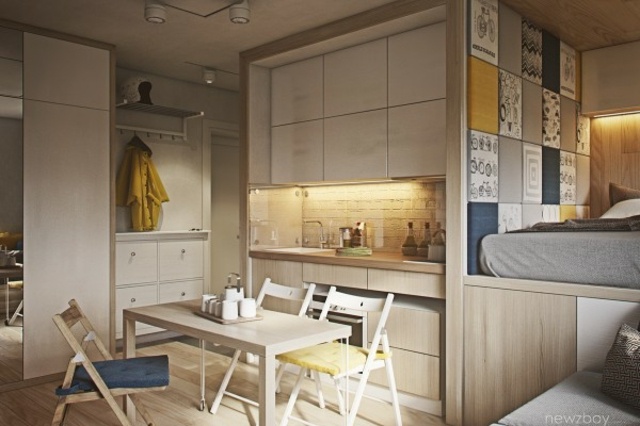 petit appartement idée aménagement table en bois chaise cuisine salon