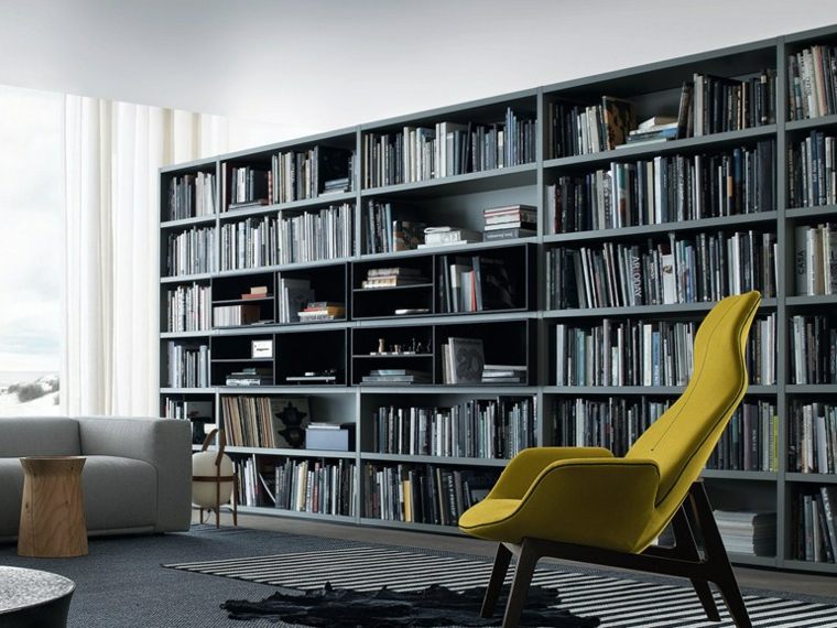 intérieur design moderne aménagement Bibliothèque moderne canapé gris fauteuil jaune