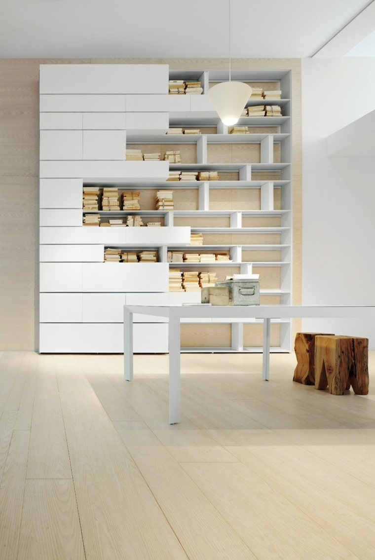 Bibliothèque moderne blanche bois design intérieur style scandinave