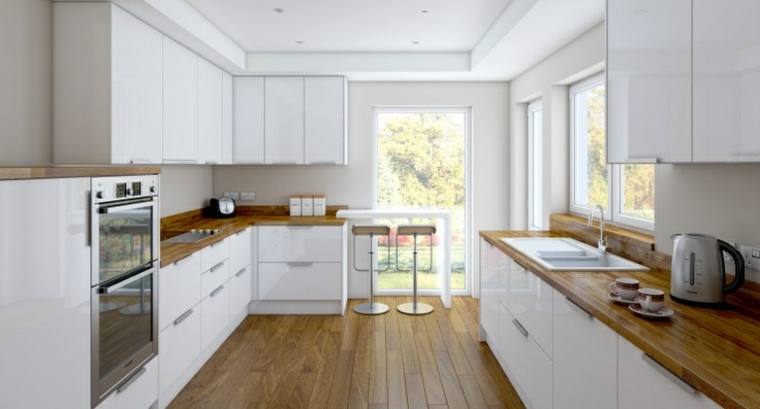cuisine design bois blanc tabouret idée aménagement intérieur contemporain