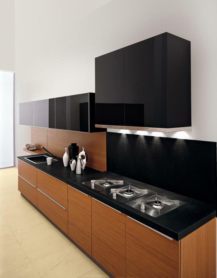 cuisine noir et bois design mobilier idée aménagement moderne déco 