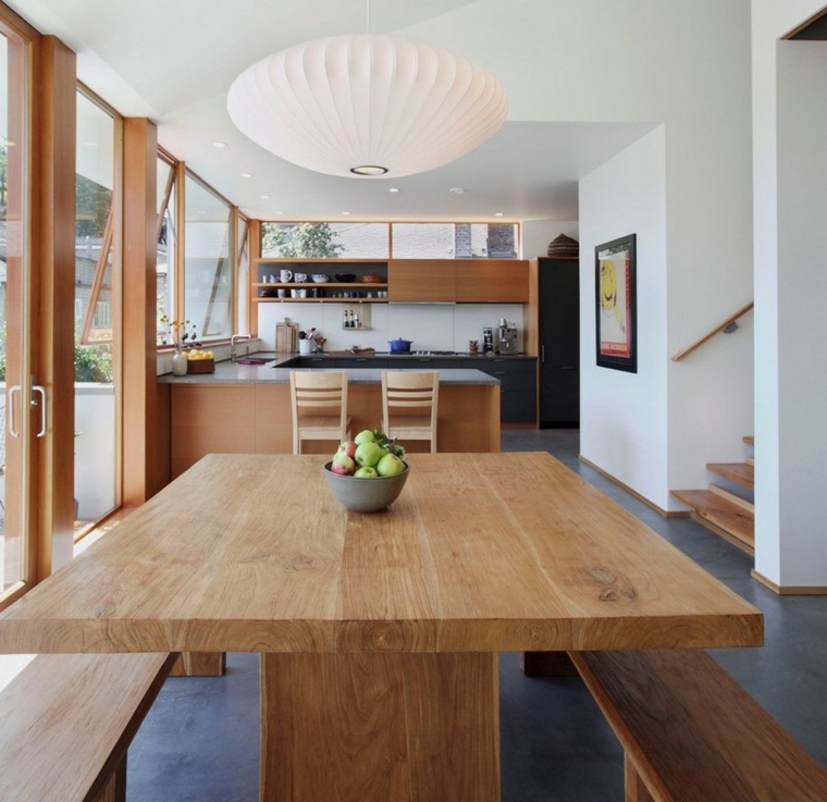 cuisine bois et blanc salle à manger ouverte sur cuisine design luminaire suspension