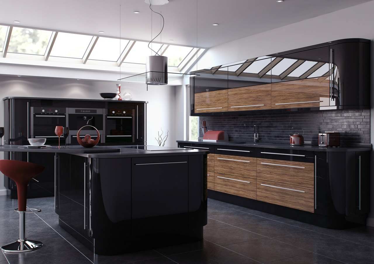cuisine noir et bois design îlot central noir luminaire suspension acier mobilier bois laqué 