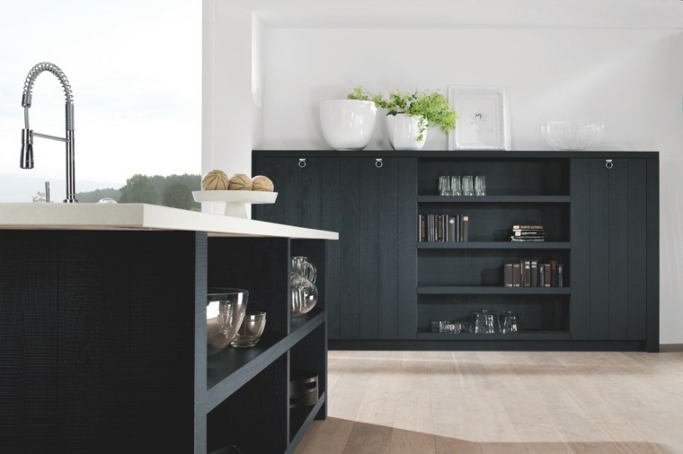 cuisine noir et bois design aménagement idée mobilier bois déco plante
