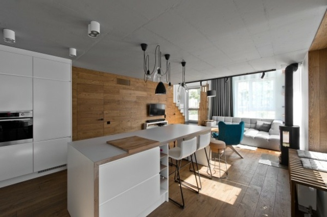 salle à manger loft design moderne idée canapé salon ouvert luminaire suspension 
