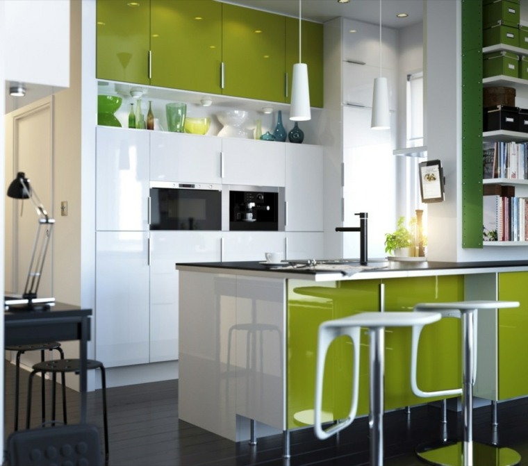 cuisine verte mobilier design luminaire suspension idée meuble blanc déco moderne